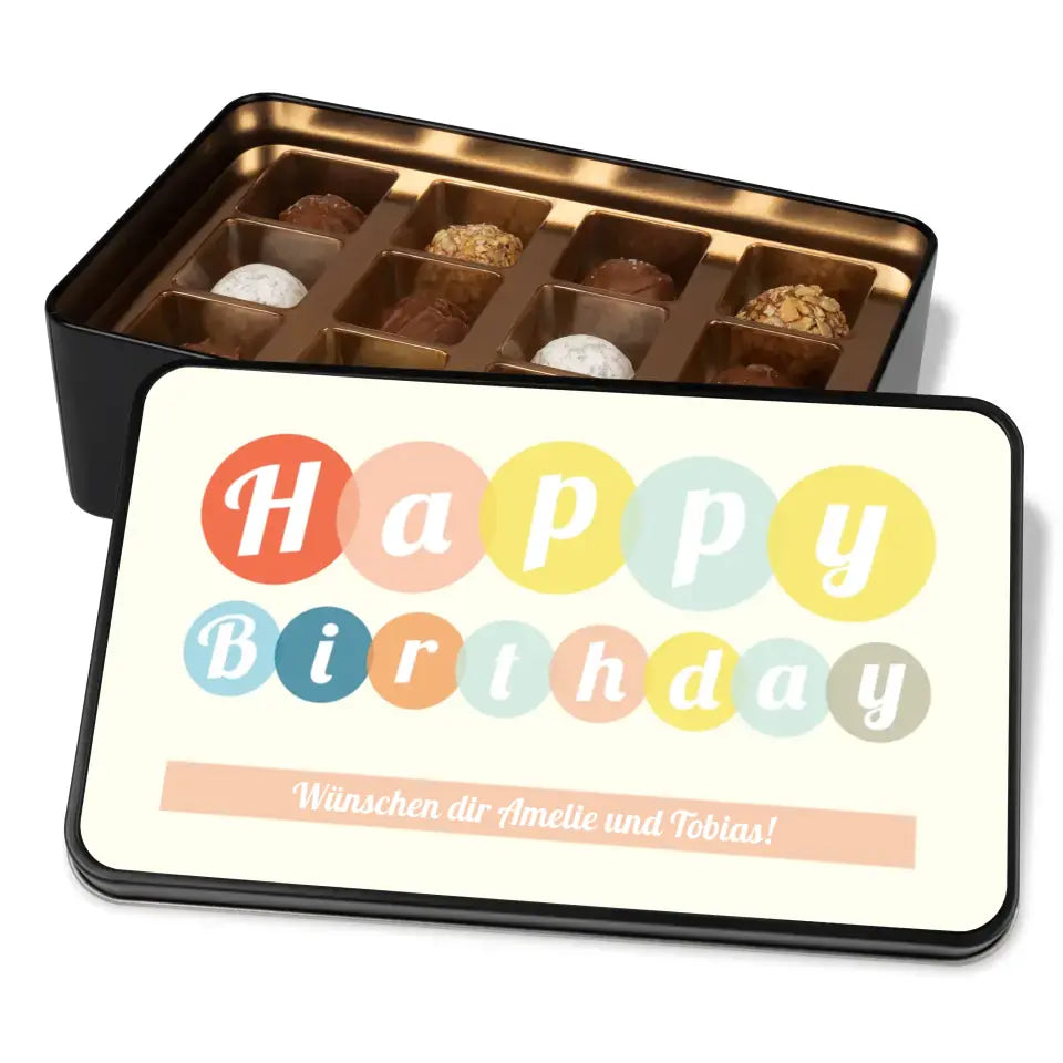 Geschenkdose mit Pralinen personalisiert „Happy Birthday" mit Wunschtext