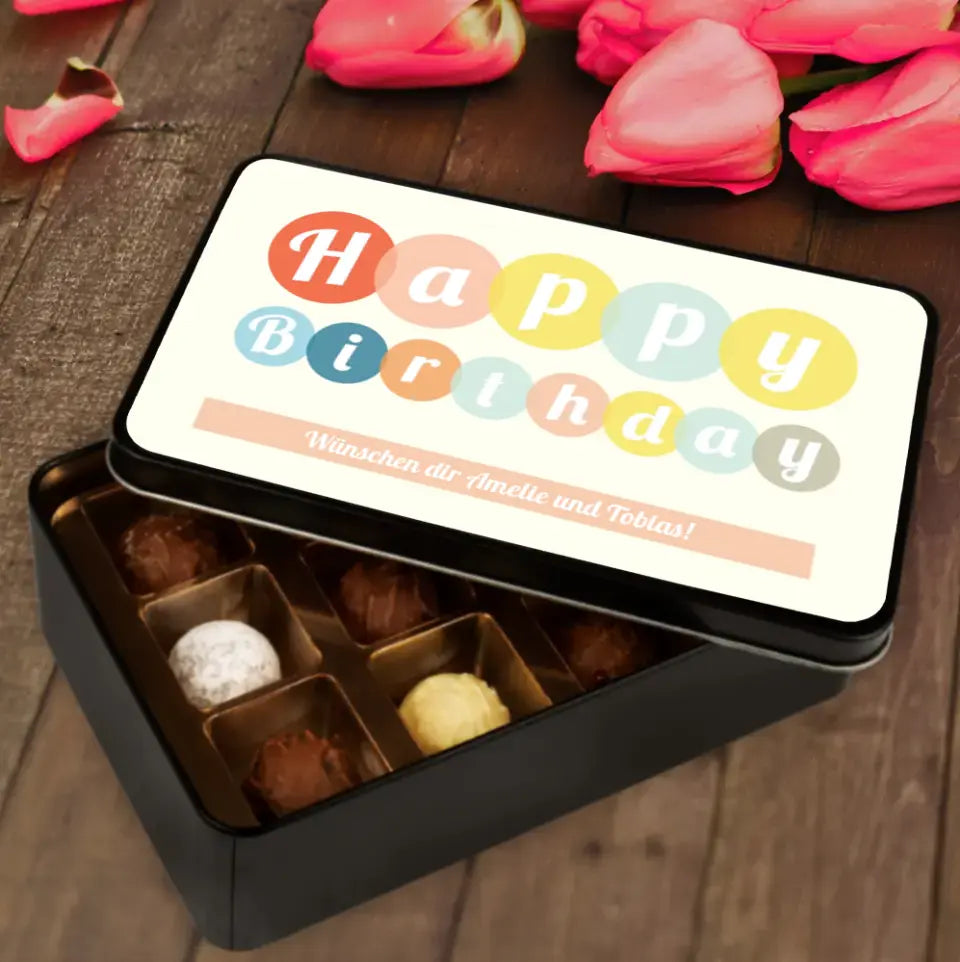 Geschenkdose mit Pralinen personalisiert „Happy Birthday" mit Wunschtext