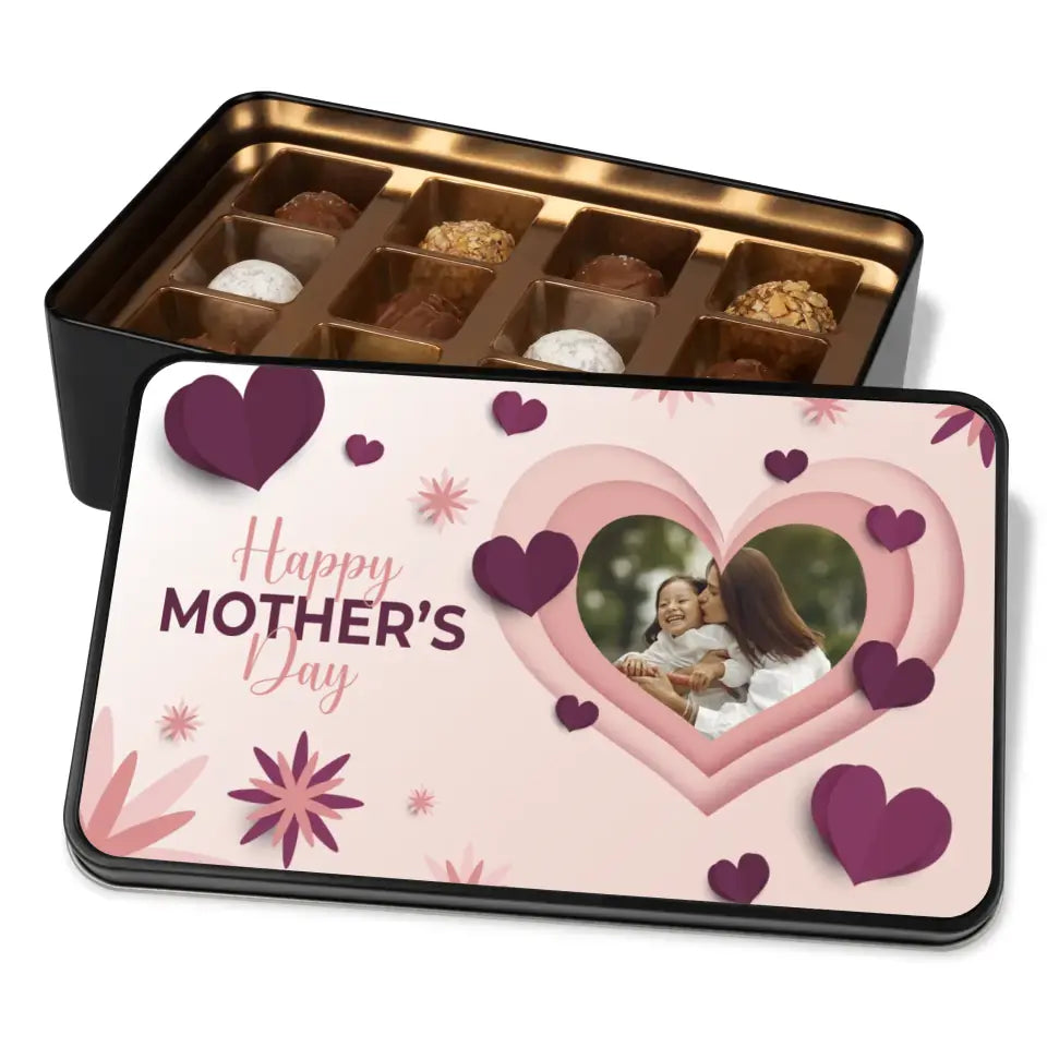 Geschenkdose mit Pralinen personalisiert „Happy Mothers Day" mit Wunschfoto