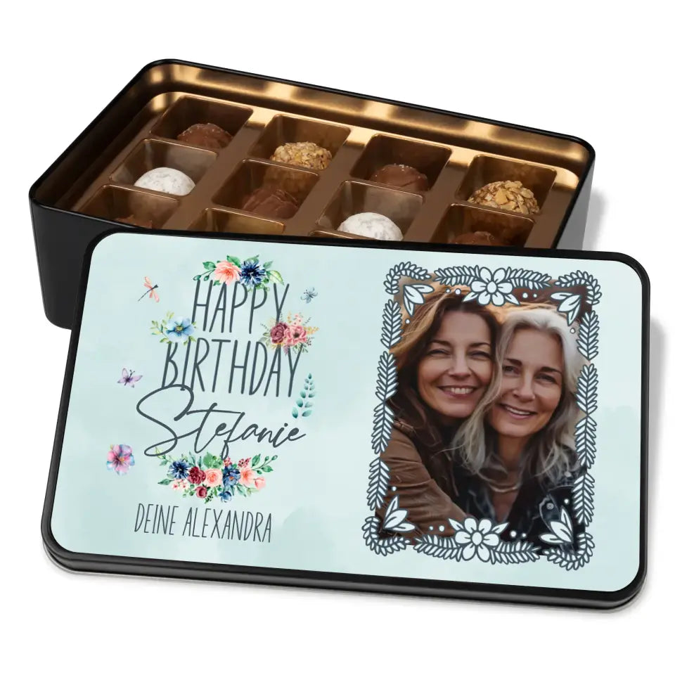 Geschenkdose mit Pralinen personalisiert „Happy Birthday" mit Wunschtext + eigenem Foto