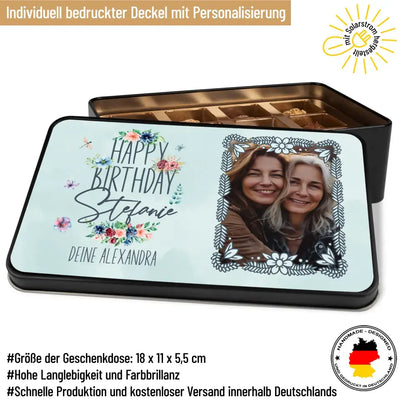 Geschenkdose mit Pralinen personalisiert „Happy Birthday" mit Wunschtext + eigenem Foto