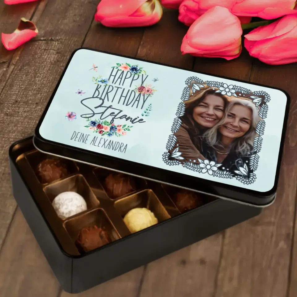 Geschenkdose mit Pralinen personalisiert „Happy Birthday" mit Wunschtext + eigenem Foto