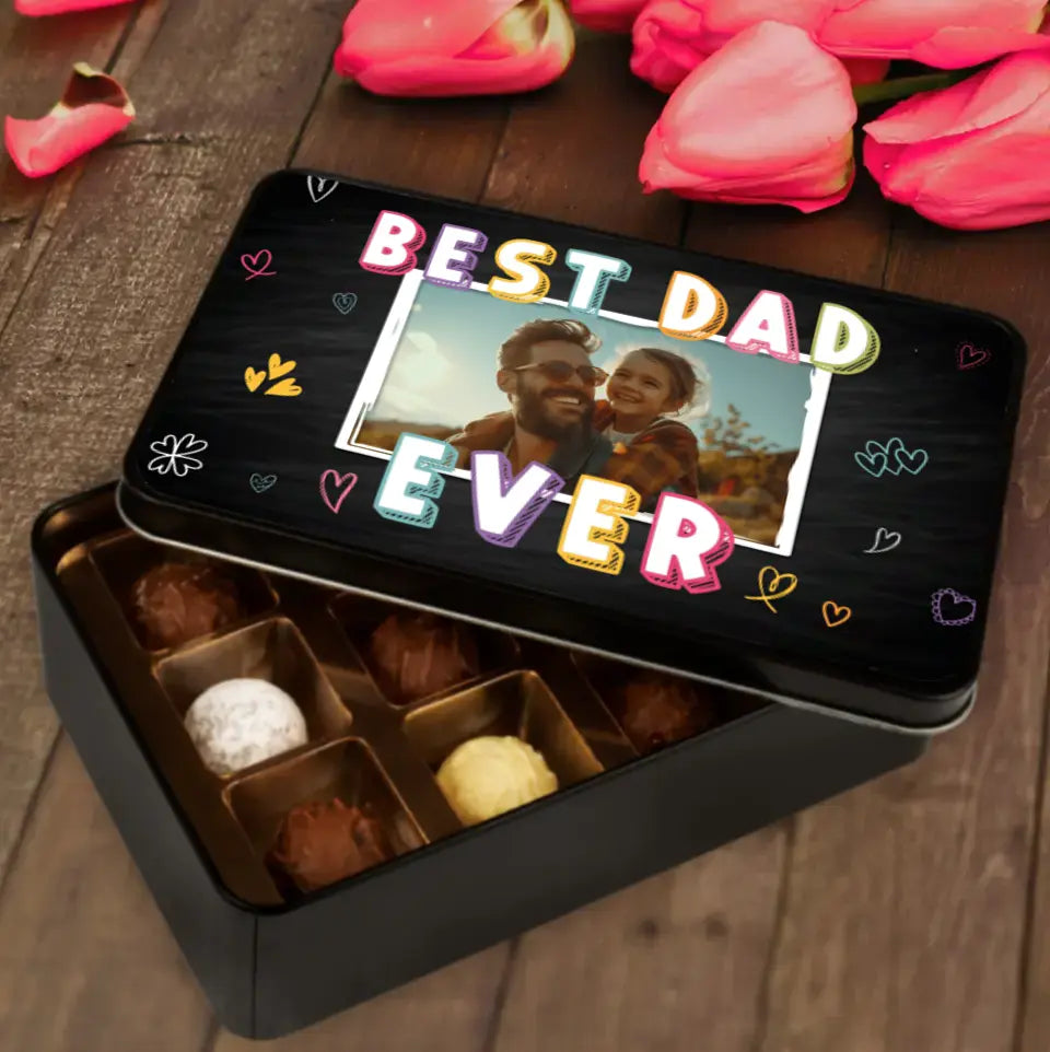 Geschenkdose mit Pralinen personalisiert „Best Dad Ever" mit Wunschfoto