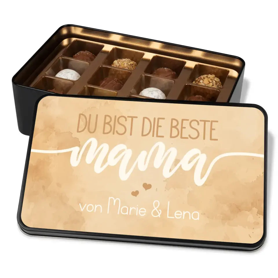 Geschenkdose mit Pralinen personalisiert „Du bist die Beste Mama" mit Wunschtext