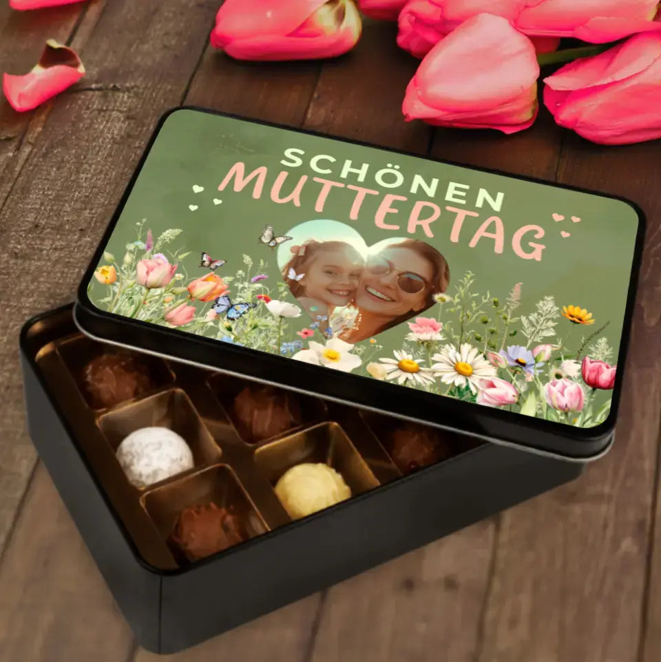 Geschenkdose mit Pralinen personalisiert „Schönen Muttertag" mit Wunschfoto