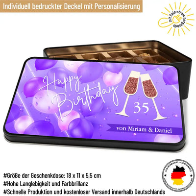 Geschenkdose mit Pralinen personalisiert „Happy Birthday" (Sektgläser mit lila Luftballons) mit Wunschtext