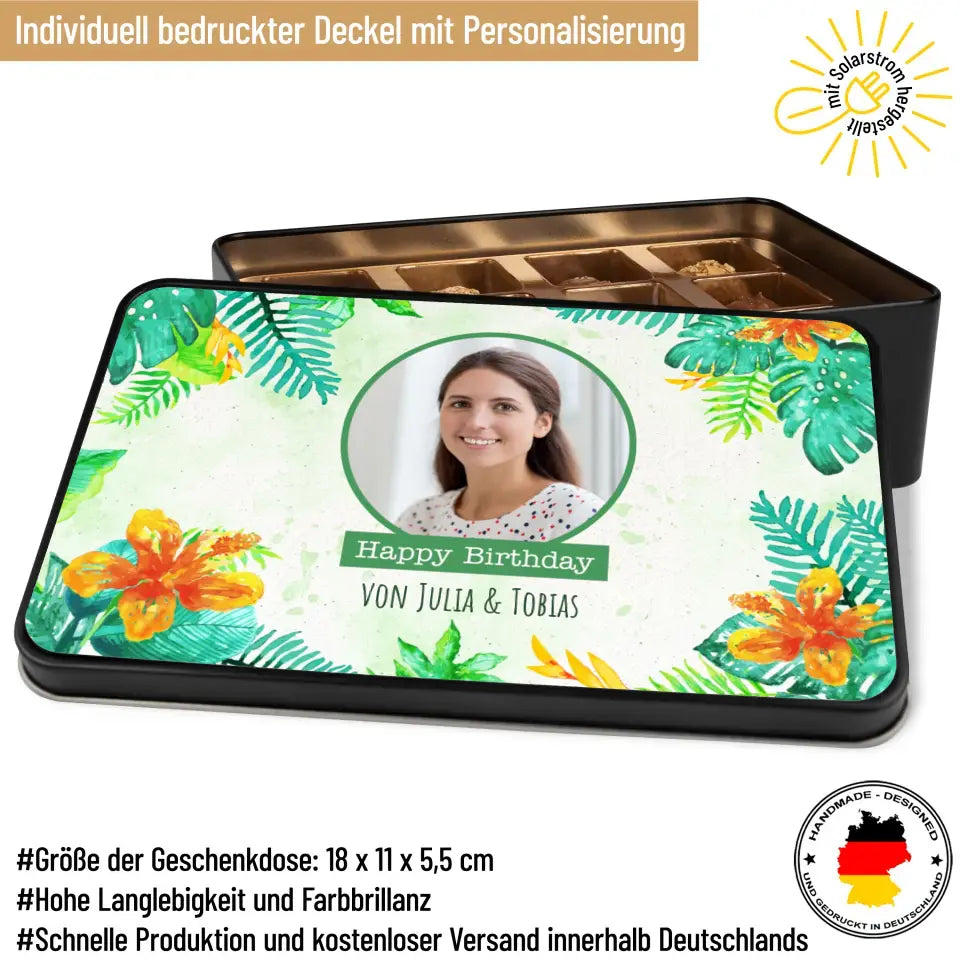 Geschenkdose mit Pralinen personalisiert „Happy Birthday" mit Wunschtext + eigenem Foto