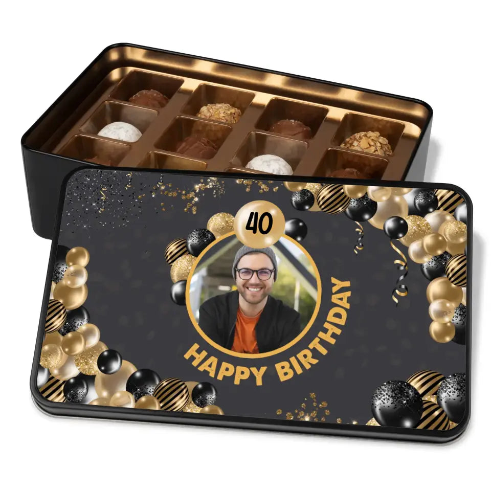 Geschenkdose mit Pralinen personalisiert „Happy Birthday" mit Wunschfoto + Alter