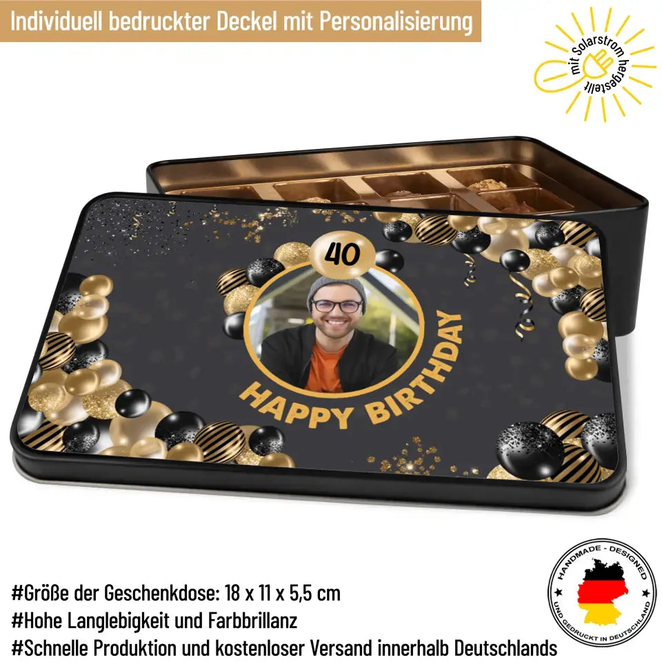 Geschenkdose mit Pralinen personalisiert „Happy Birthday" mit Wunschfoto + Alter