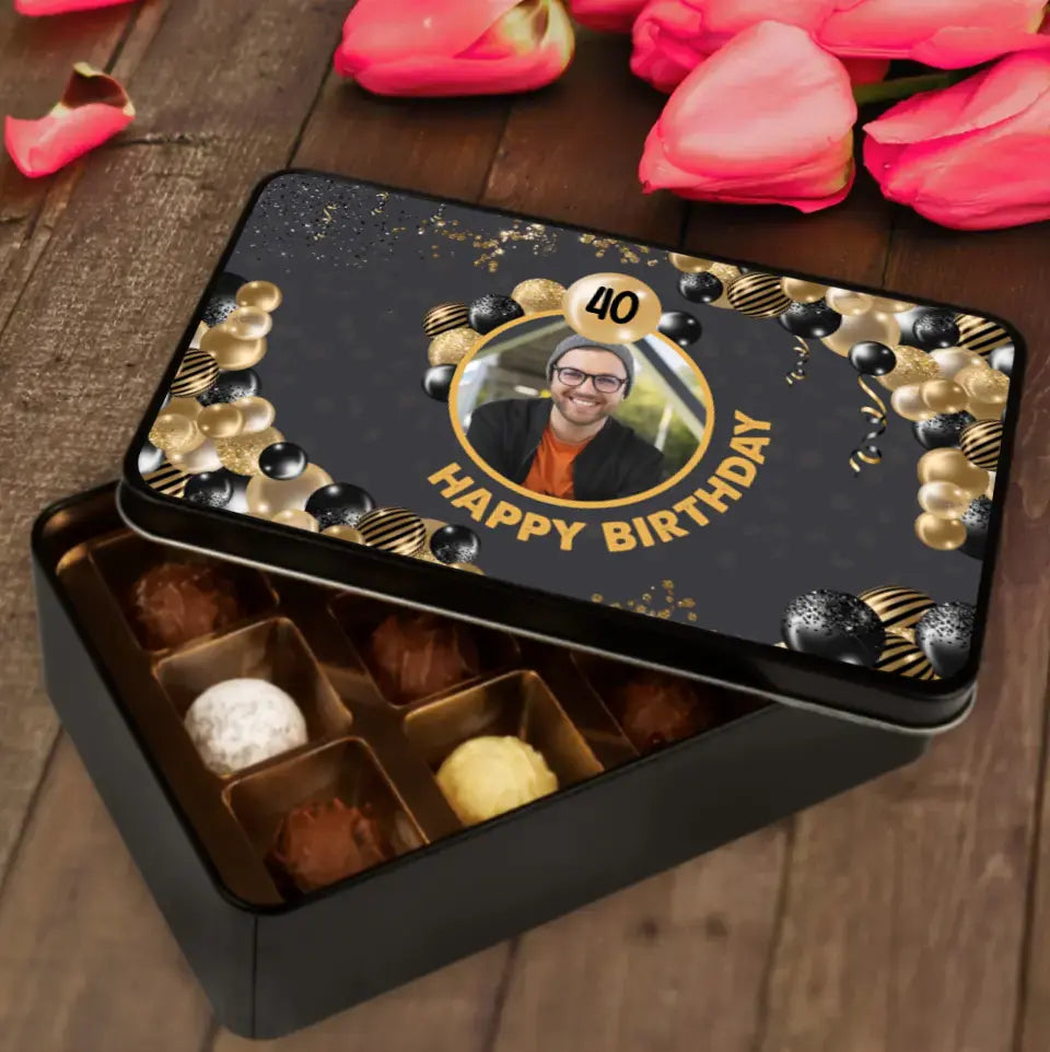 Geschenkdose mit Pralinen personalisiert „Happy Birthday" mit Wunschfoto + Alter