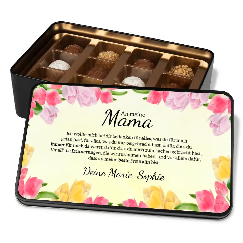 Geschenkdose mit Pralinen personalisiert „An meine Mama" mit Wunschtext