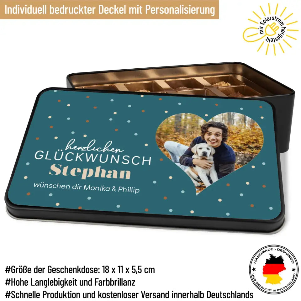 Geschenkdose mit Pralinen personalisiert „Herzlichen Glückwunsch" (Fotoherz) mit Wunschtext + eigenem Foto