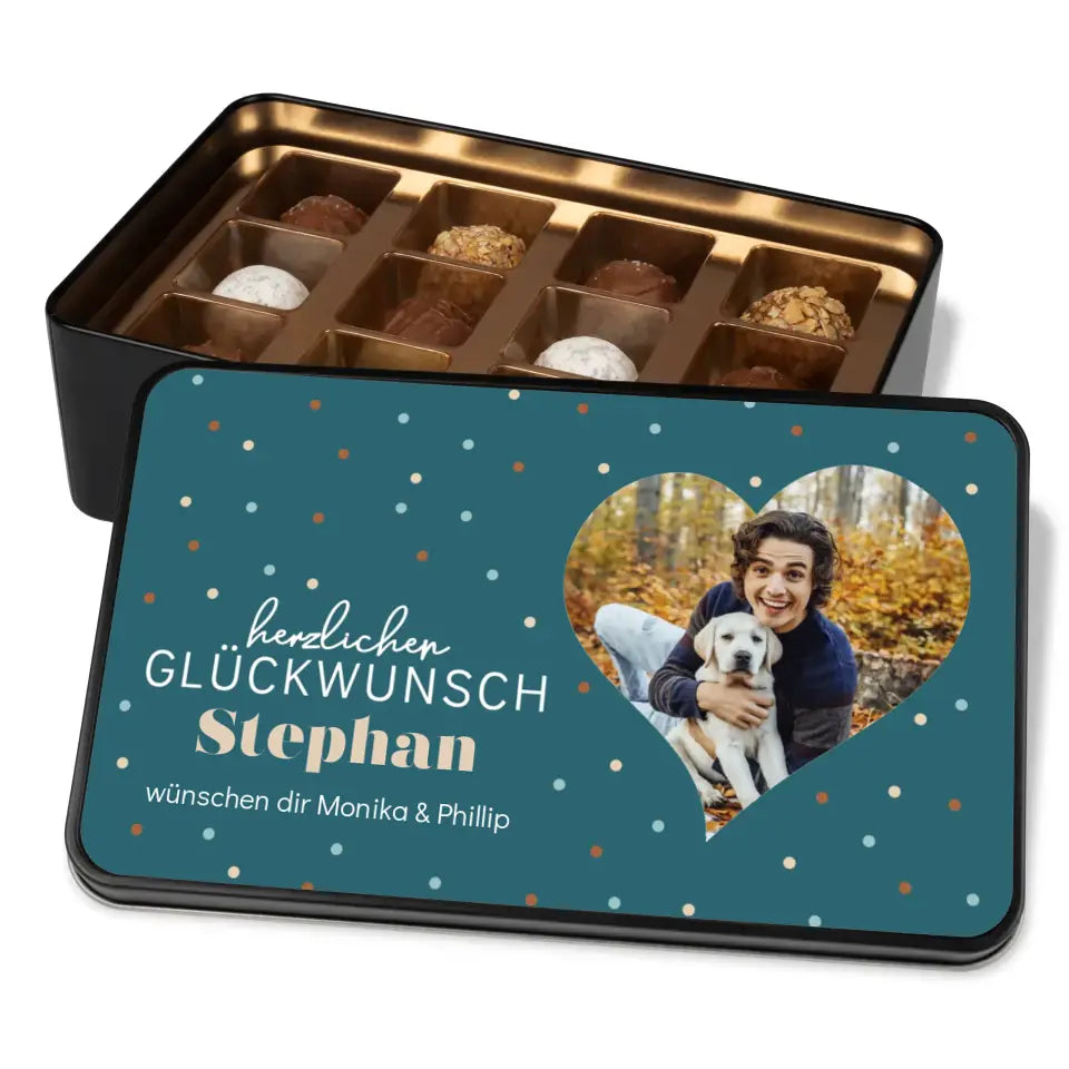 Geschenkdose mit Pralinen personalisiert „Herzlichen Glückwunsch" (Fotoherz) mit Wunschtext + eigenem Foto