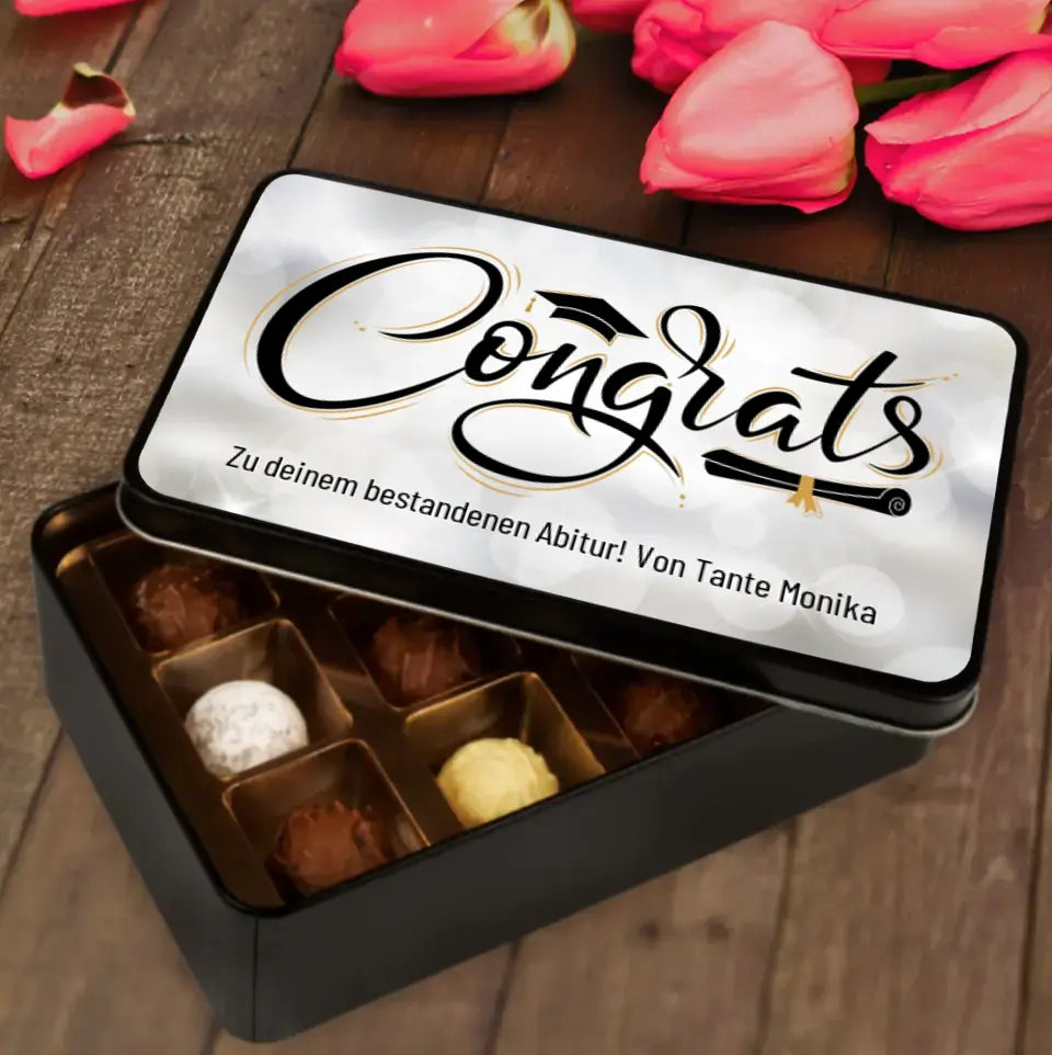 Geschenkdose mit Pralinen personalisiert „Congrats" mit Wunschtext