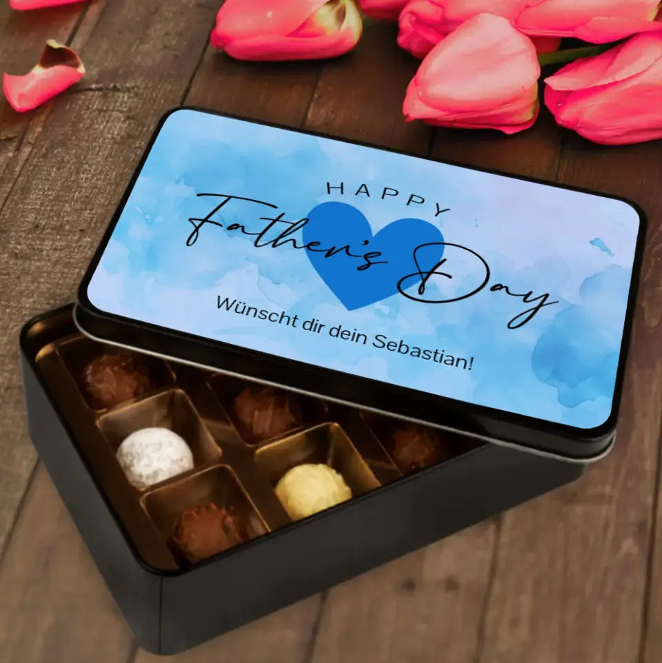 Geschenkdose mit Pralinen personalisiert „Happy Father's Day" mit Wunschtext