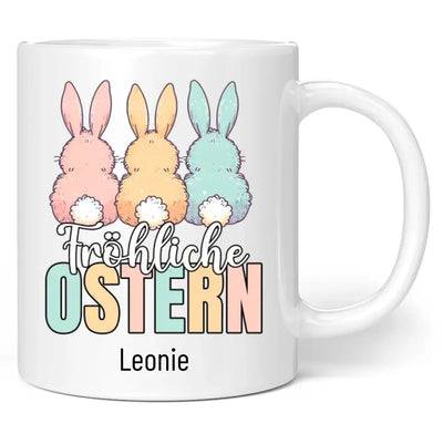 Tasse "Fröhliche Ostern" (3 Osterhasen) mit Wunschname