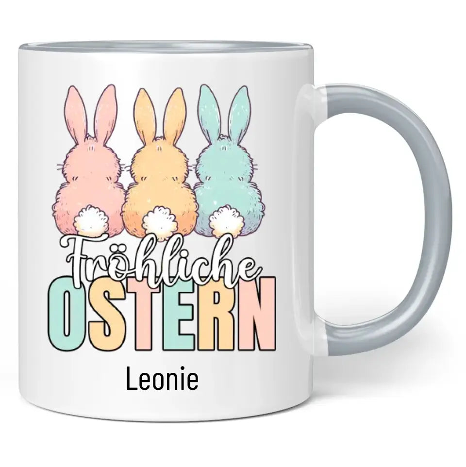 Tasse "Fröhliche Ostern" (3 Osterhasen) mit Wunschname