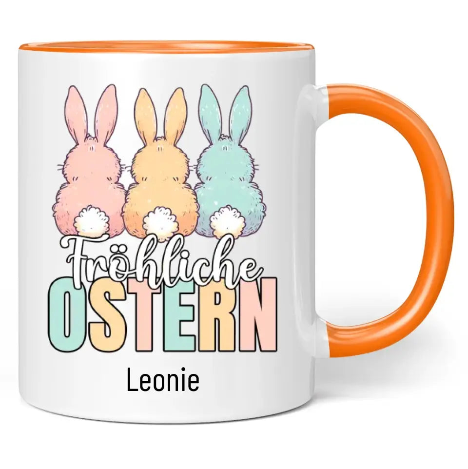 Tasse "Fröhliche Ostern" (3 Osterhasen) mit Wunschname