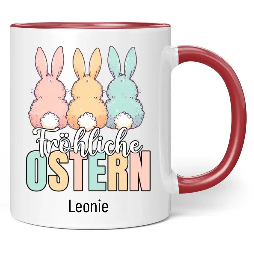 Tasse "Fröhliche Ostern" (3 Osterhasen) mit Wunschname