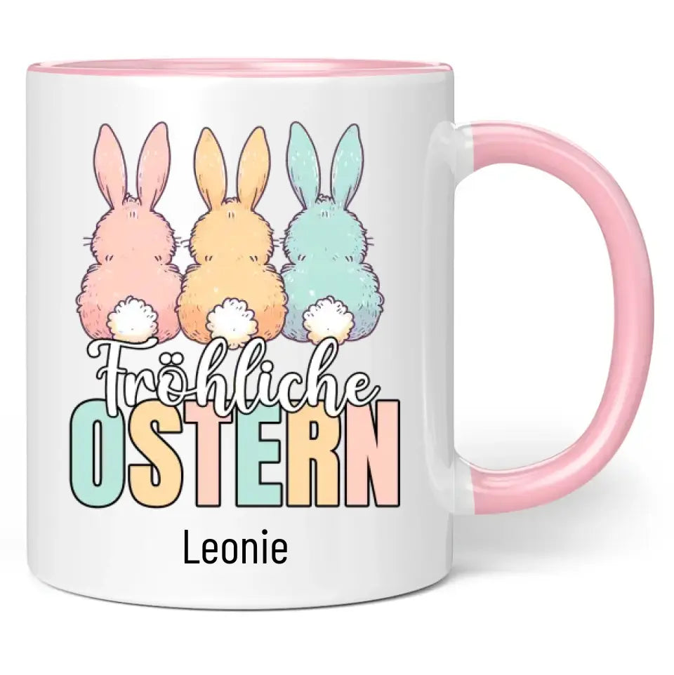 Tasse "Fröhliche Ostern" (3 Osterhasen) mit Wunschname