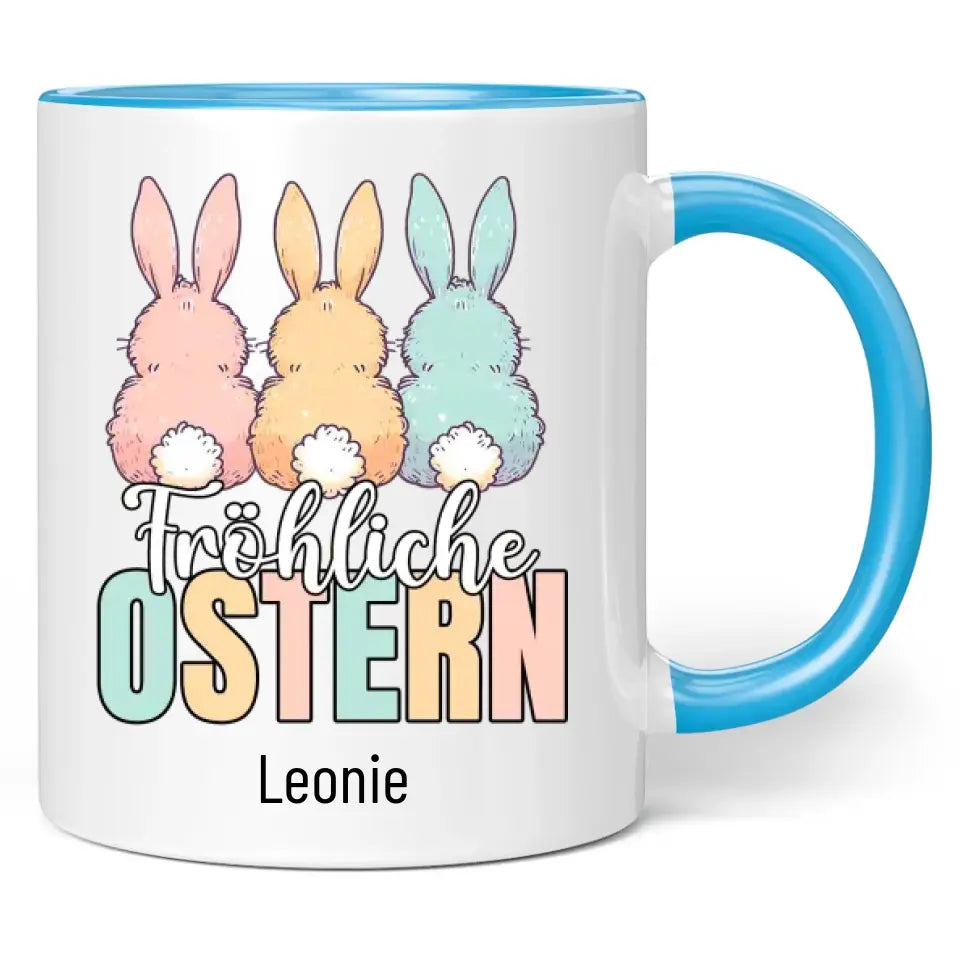 Tasse "Fröhliche Ostern" (3 Osterhasen) mit Wunschname