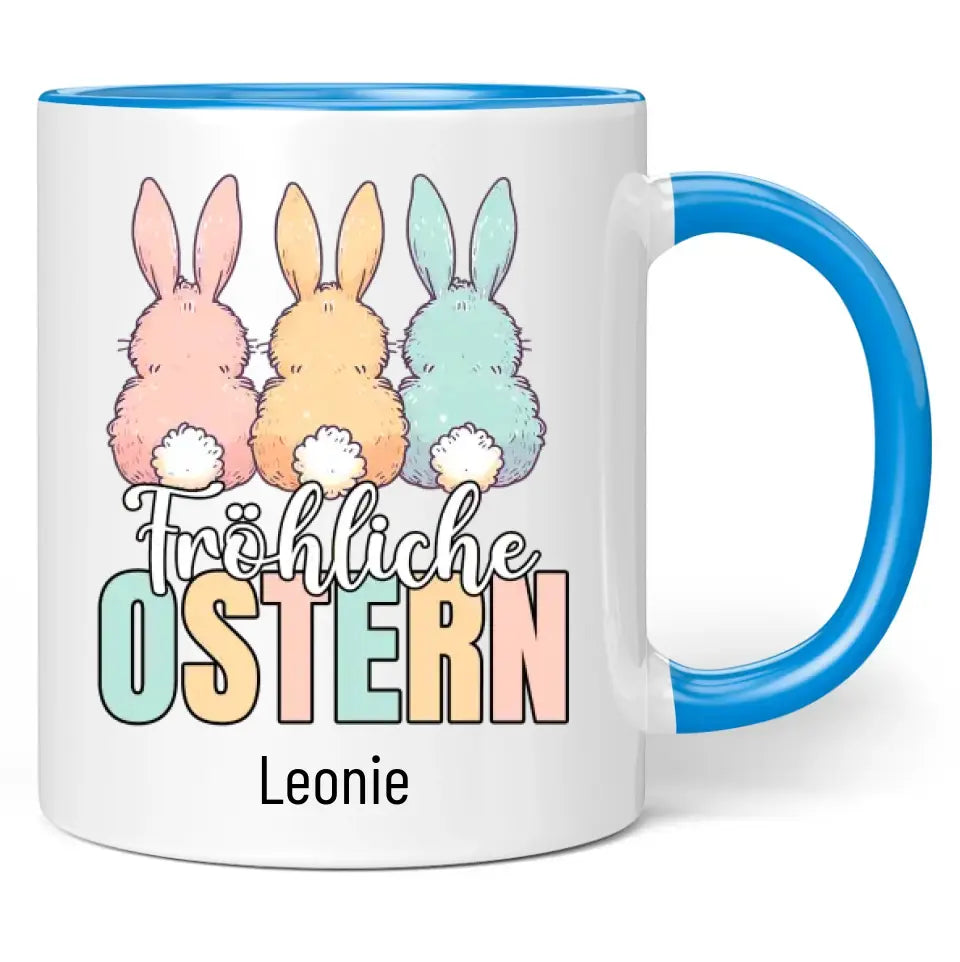 Tasse "Fröhliche Ostern" (3 Osterhasen) mit Wunschname