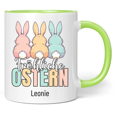 Tasse "Fröhliche Ostern" (3 Osterhasen) mit Wunschname