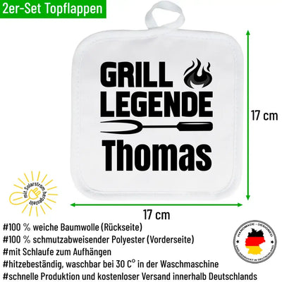 2er Set Topflappen "Grill-Legende" personalisiert mit Wunschname