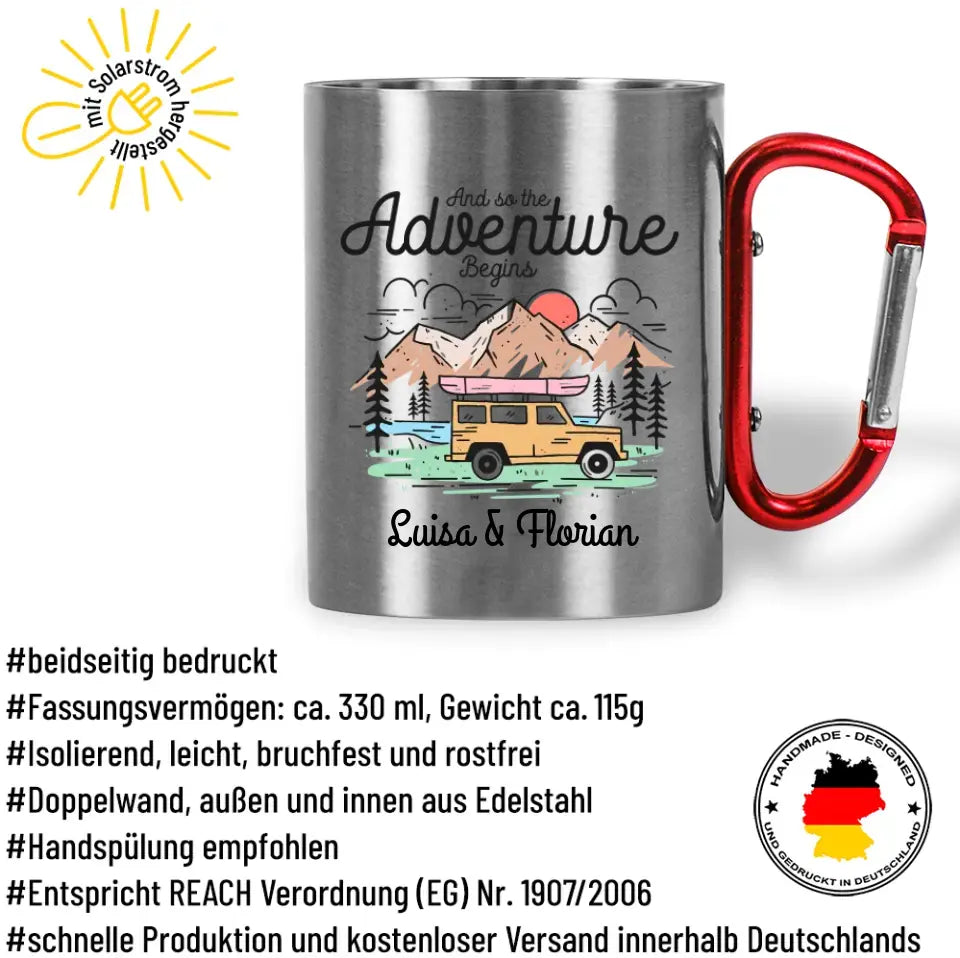 Tasse mit Karabiner "And so the Adventure Begins" mit Wunschtext