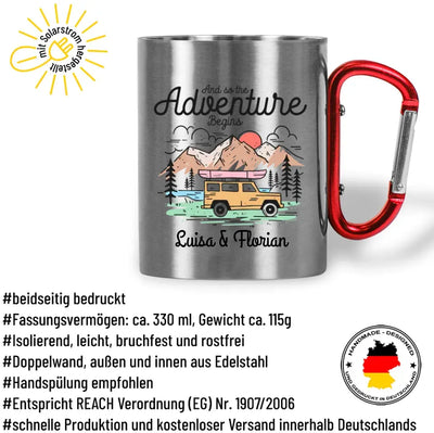 Tasse mit Karabiner "And so the Adventure Begins" mit Wunschtext