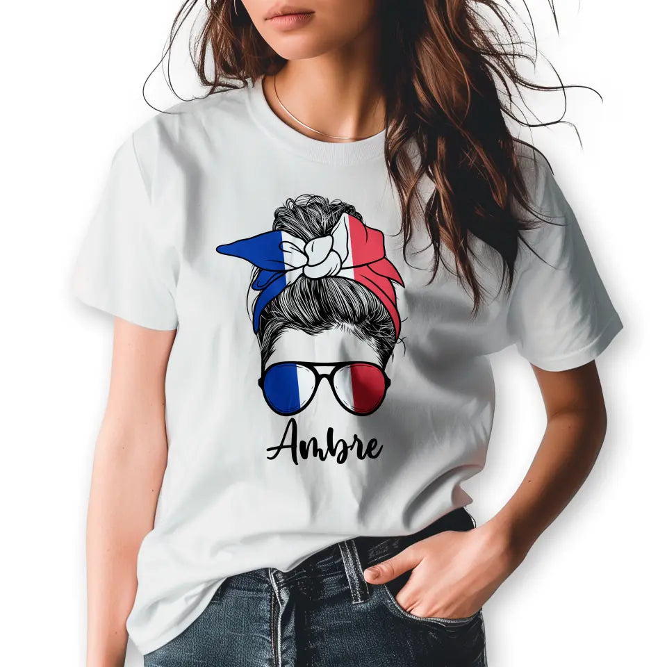 T-Shirt "Frau mit Dutt" (Frankreich-Motiv) mit Wunschtext