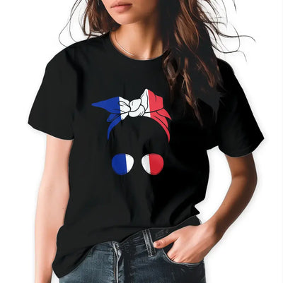 T-Shirt "Frau mit Dutt" (Frankreich-Motiv) mit Wunschtext