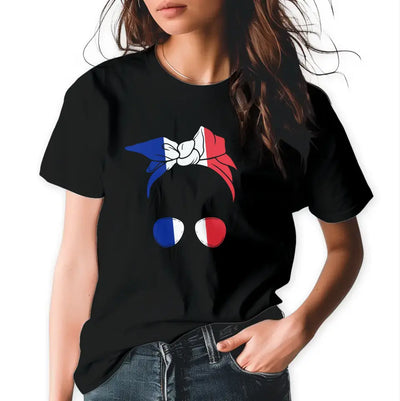 T-Shirt "Frau mit Dutt" (Frankreich-Motiv) mit Wunschtext
