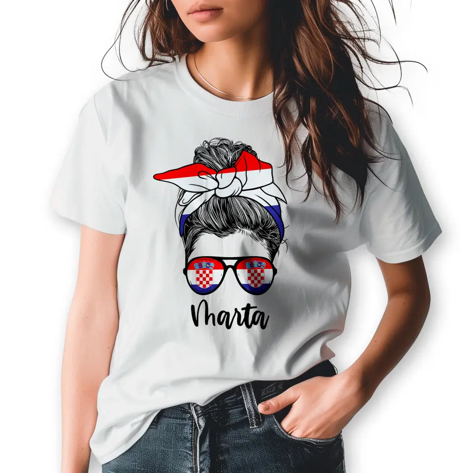 T-Shirt "Frau mit Dutt" (Kroatien-Motiv) mit Wunschtext