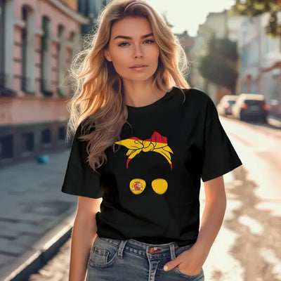 T-Shirt "Frau mit Dutt" (Spanien-Motiv) mit Wunschtext