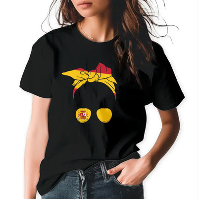 T-Shirt "Frau mit Dutt" (Spanien-Motiv) mit Wunschtext