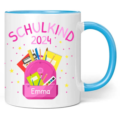 Tasse "Schulkind 2024" (Rosa Rucksack-Motiv) personalisiert mit eigenem Namen