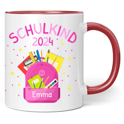 Tasse "Schulkind 2024" (Rosa Rucksack-Motiv) personalisiert mit eigenem Namen