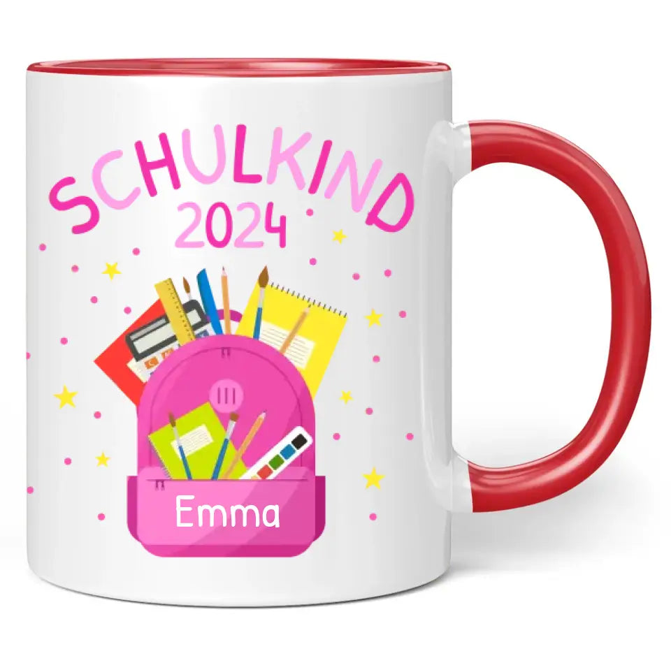 Tasse "Schulkind 2024" (Rosa Rucksack-Motiv) personalisiert mit eigenem Namen