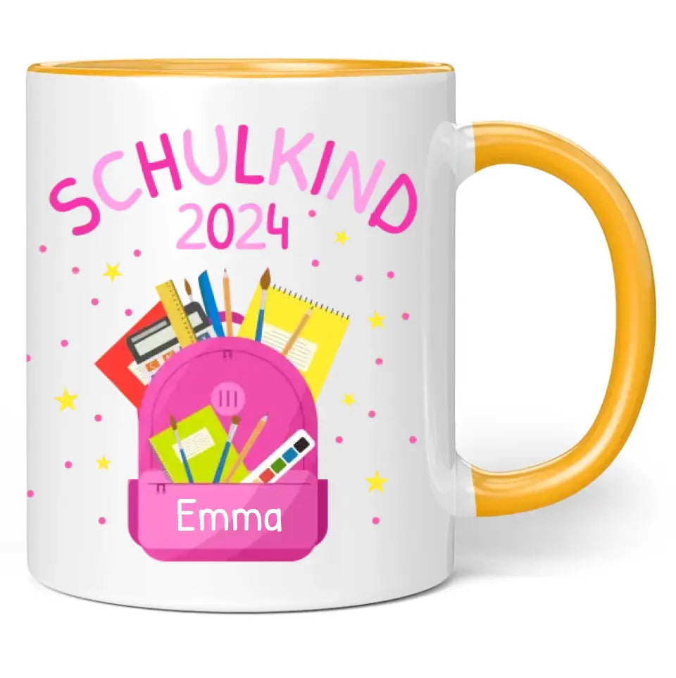 Tasse "Schulkind 2024" (Rosa Rucksack-Motiv) personalisiert mit eigenem Namen