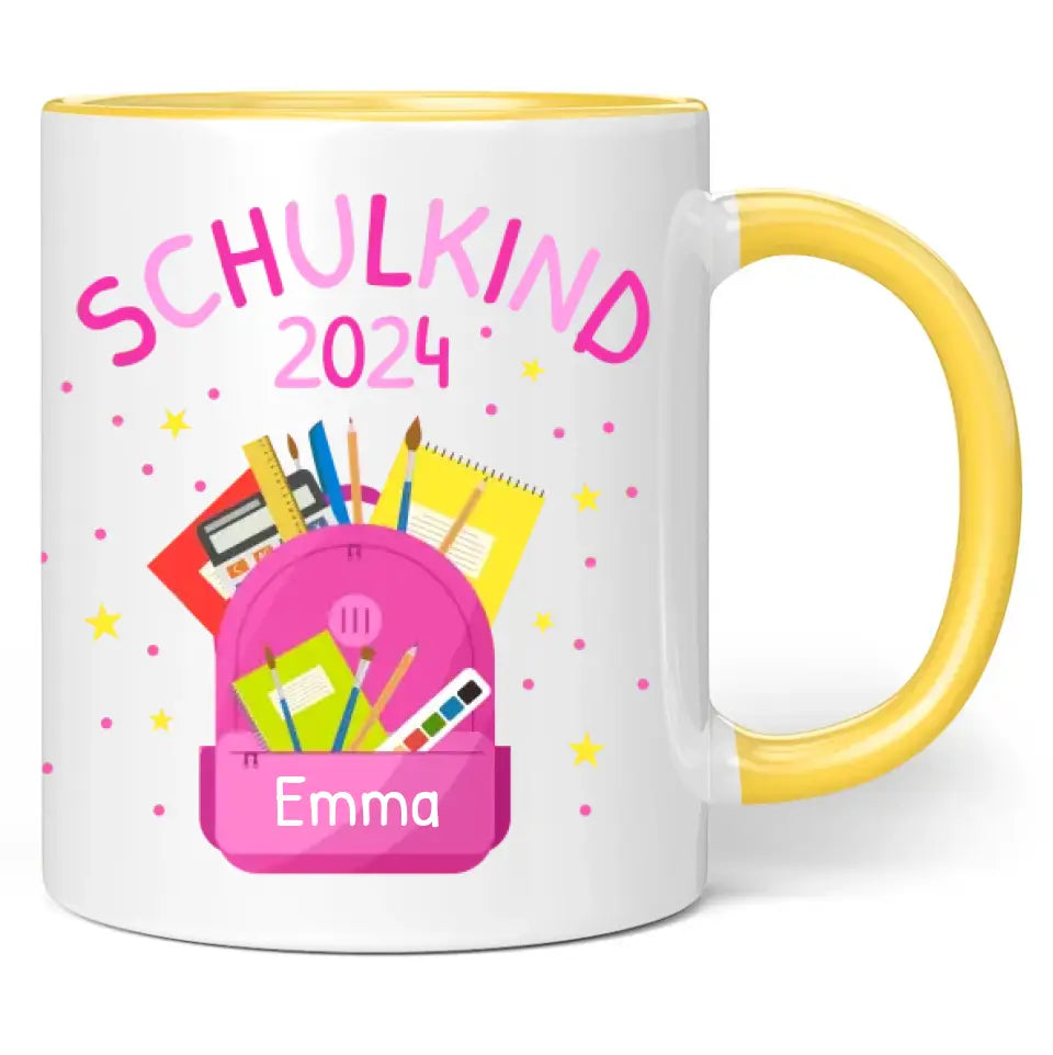 Tasse "Schulkind 2024" (Rosa Rucksack-Motiv) personalisiert mit eigenem Namen