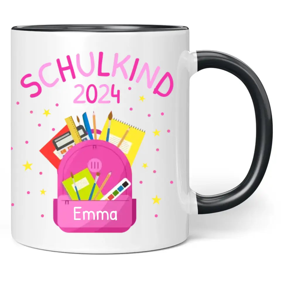 Tasse "Schulkind 2024" (Rosa Rucksack-Motiv) personalisiert mit eigenem Namen