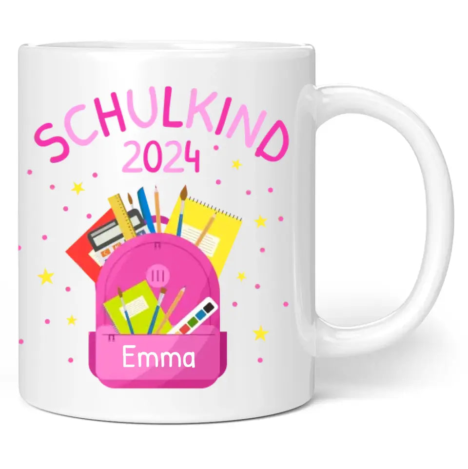 Tasse "Schulkind 2024" (Rosa Rucksack-Motiv) personalisiert mit eigenem Namen