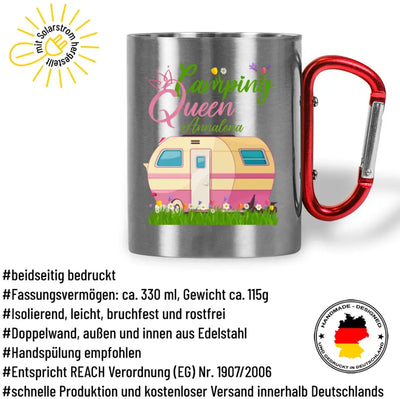 Tasse mit Karabiner "Camping Queen" (Wohnwagen-Motiv) personalisiert mit Wunschname