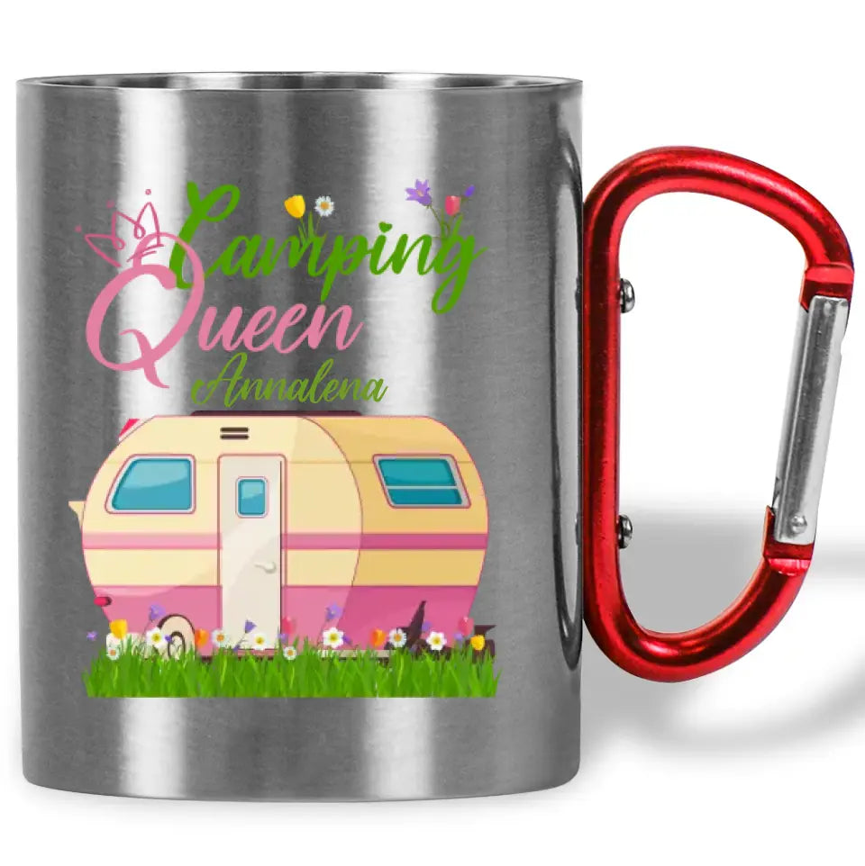 Tasse mit Karabiner "Camping Queen" (Wohnwagen-Motiv) personalisiert mit Wunschname