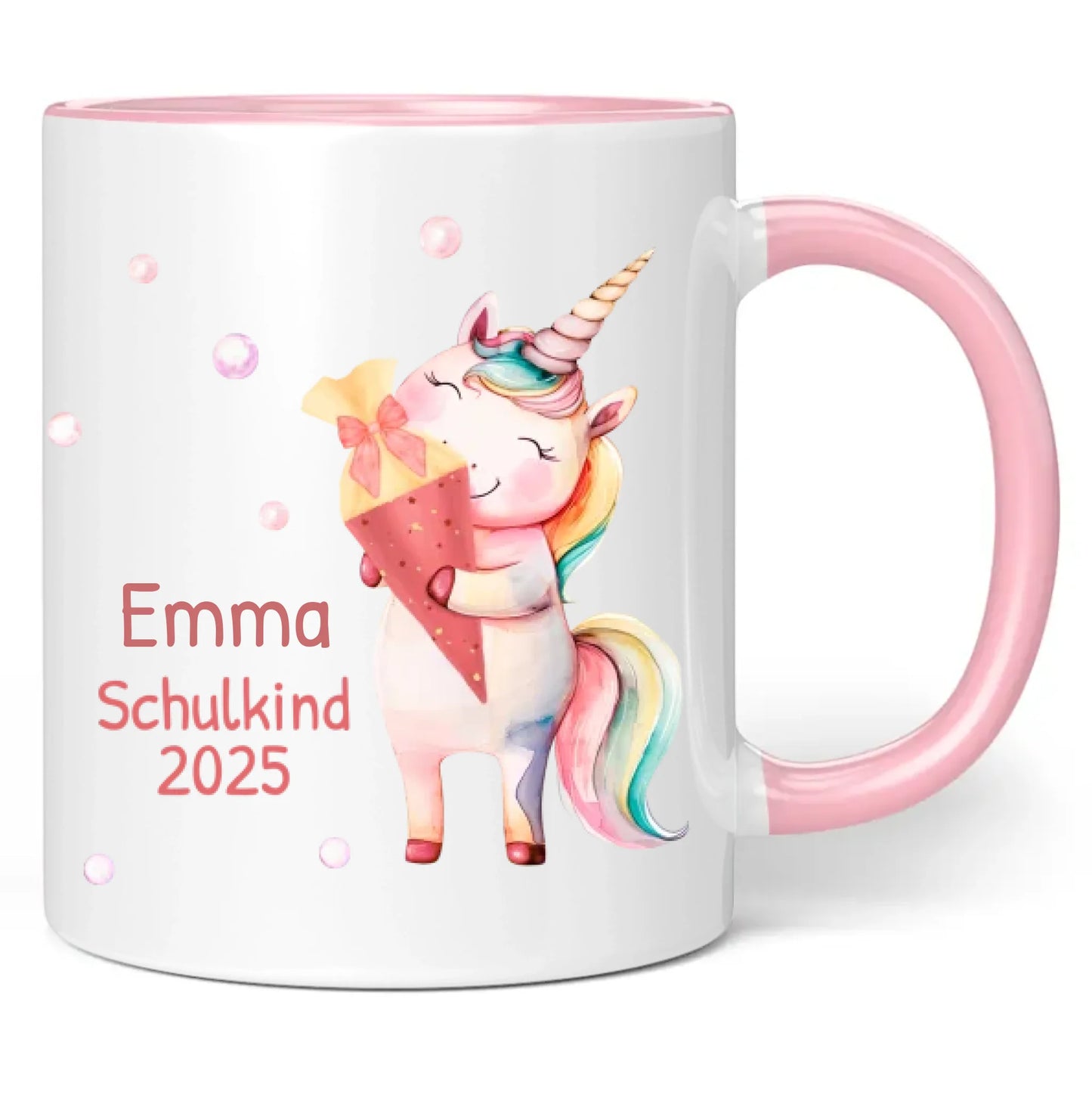 Tasse "Schulkind 2025" (Einhorn mit Schultüte) personalisiert mit eigenem Namen