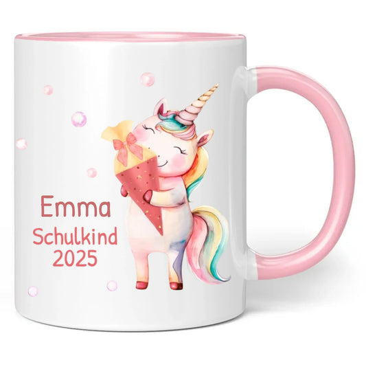 Tasse "Schulkind 2025" (Einhorn mit Schultüte) personalisiert mit eigenem Namen