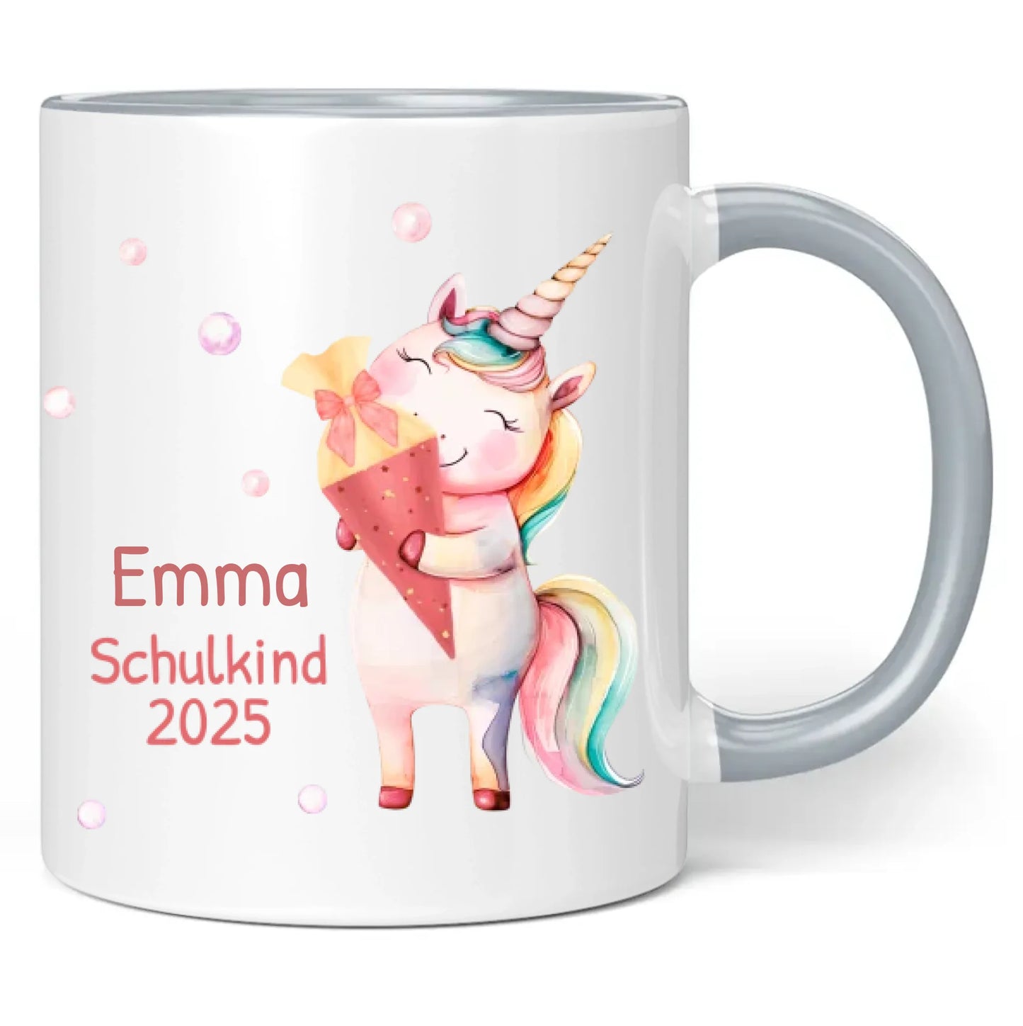 Tasse "Schulkind 2025" (Einhorn mit Schultüte) personalisiert mit eigenem Namen