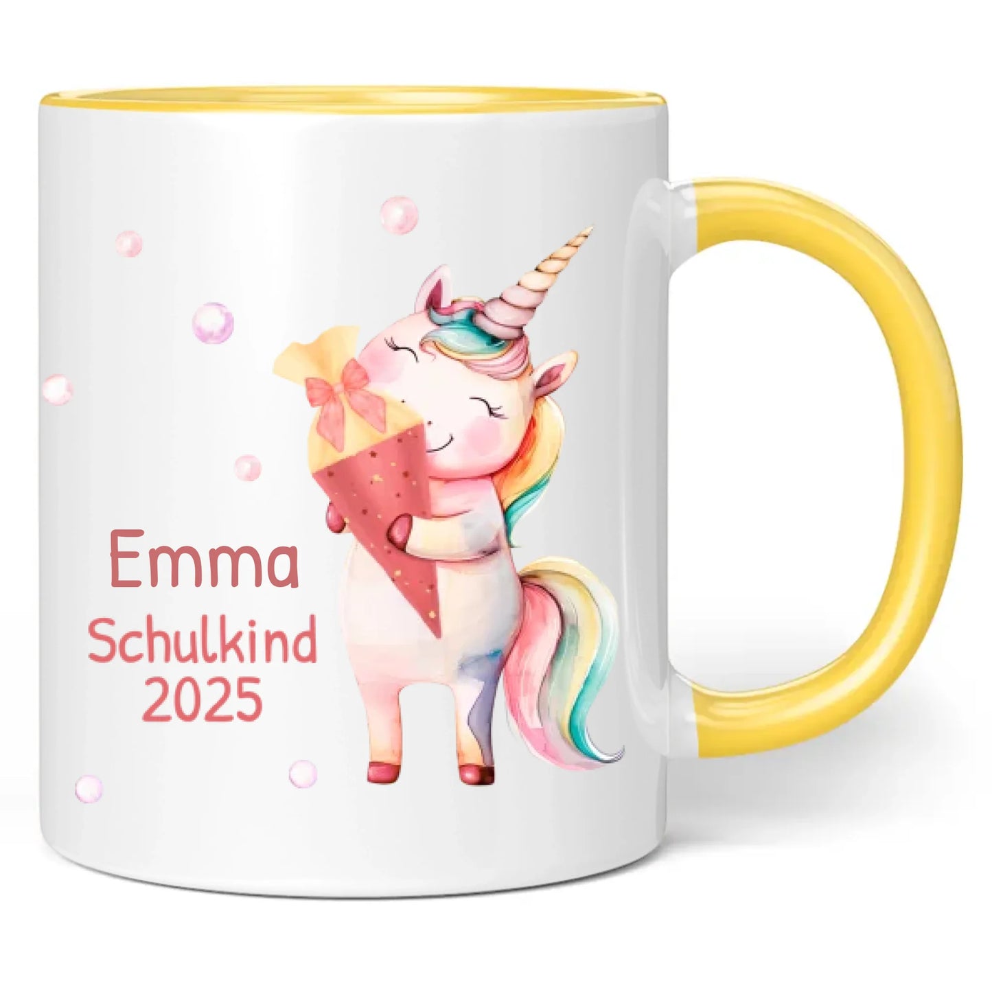 Tasse "Schulkind 2025" (Einhorn mit Schultüte) personalisiert mit eigenem Namen