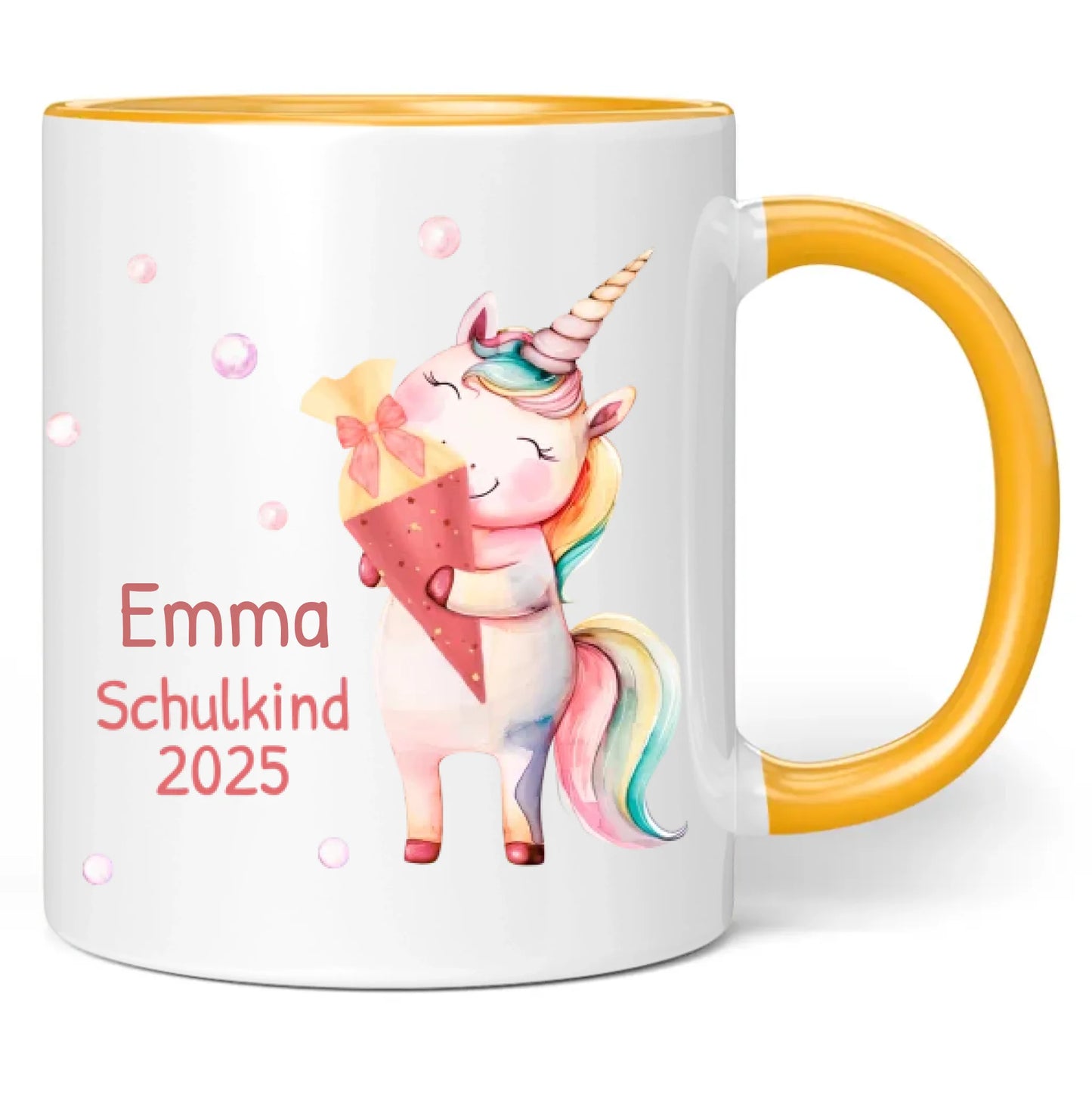 Tasse "Schulkind 2025" (Einhorn mit Schultüte) personalisiert mit eigenem Namen